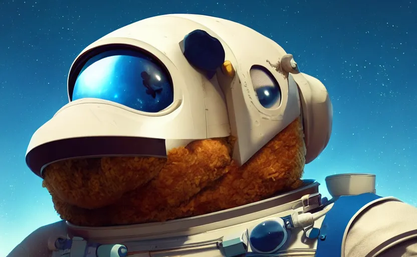 Image similar to a chicken wearing a astronaut suit in a alien planet, profile picture, digital art, concept art, trending on DeviantArt, highly detailed, high quality, 4K, cartoon, high coherence, path traced, blue sky in the background, octane render, digital painting, no helmet, masterpiece