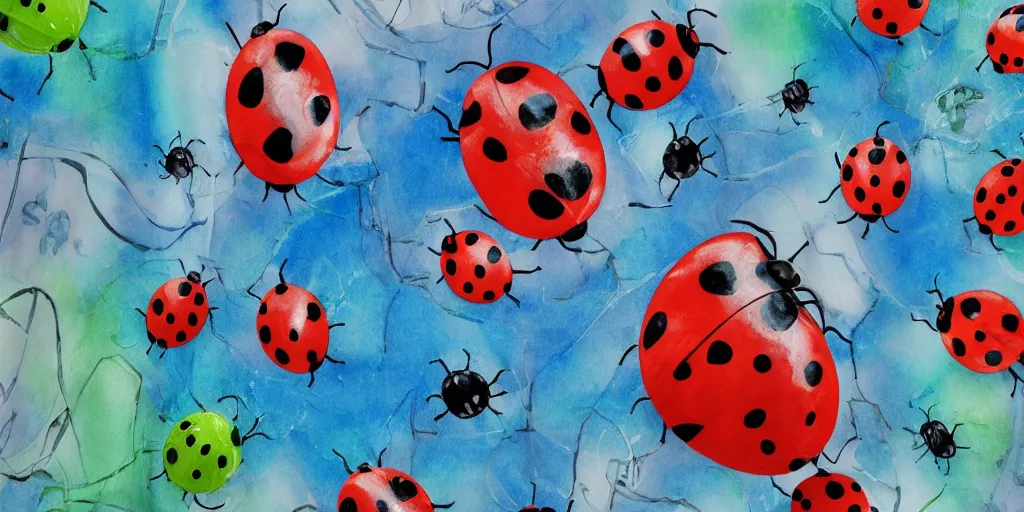 Prompt: shower curtain product catalog. wide - angle photo. on the curtain is a watercolor of the a robot ladybug battling the forces of evil on a sunny day. the water color has ink under drawing. wide - angle product photography of a shower curtain, product lighting. 4 k, highly detailed. saturated.