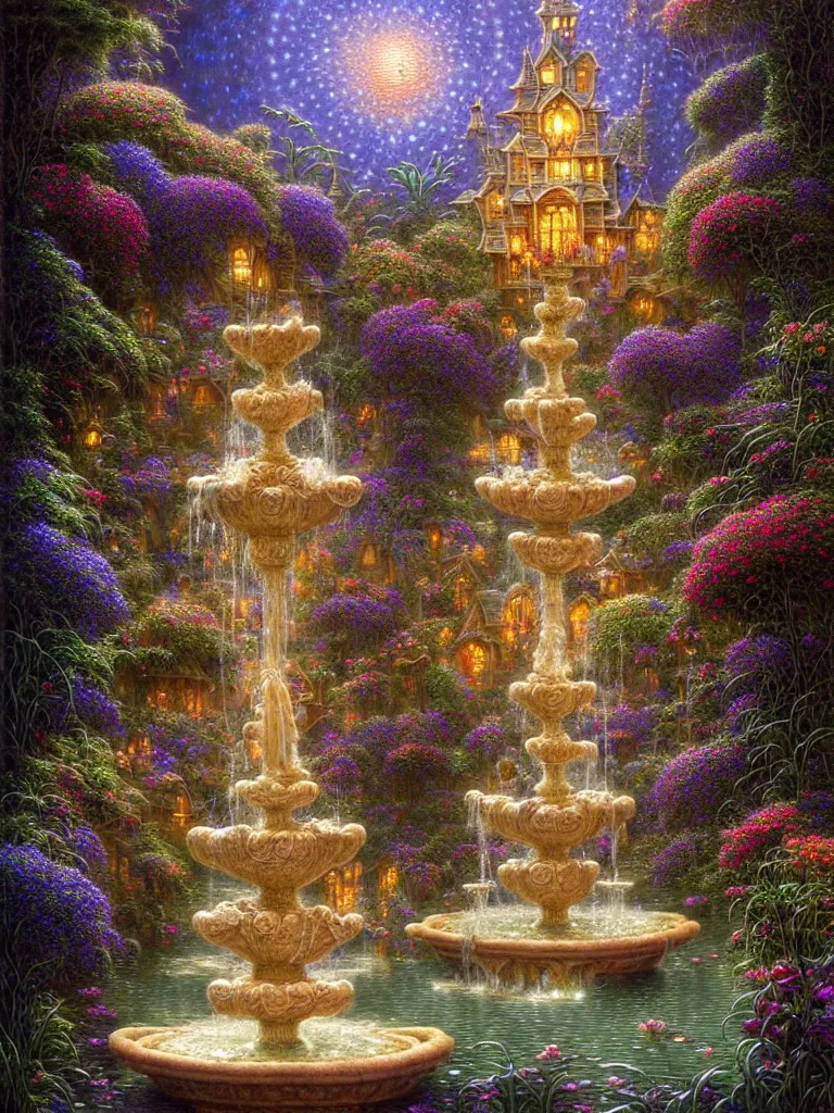 Prompt: intricate detailed flower fountain in a magical retreat at dusk james gurney,dan luvisi,Petros Afshar,tim hildebrandt,liam wong,Mark Riddick,thomas kinkade,ernst haeckel,dan mumford,trending on artstation,josephine wall, WLOP ,cgsociety by Gediminas Pranckevicius, trending on cgsociety and DeviantArt