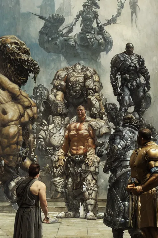 Prompt: scientists in a plaza observe a martyn ford as a huge bipedal brute wearing armour, painted by ruan jia, raymond swanland, lawrence alma tadema, zdzislaw beksinski, norman rockwell, jack kirby, tom lovell, alex malveda, greg staples