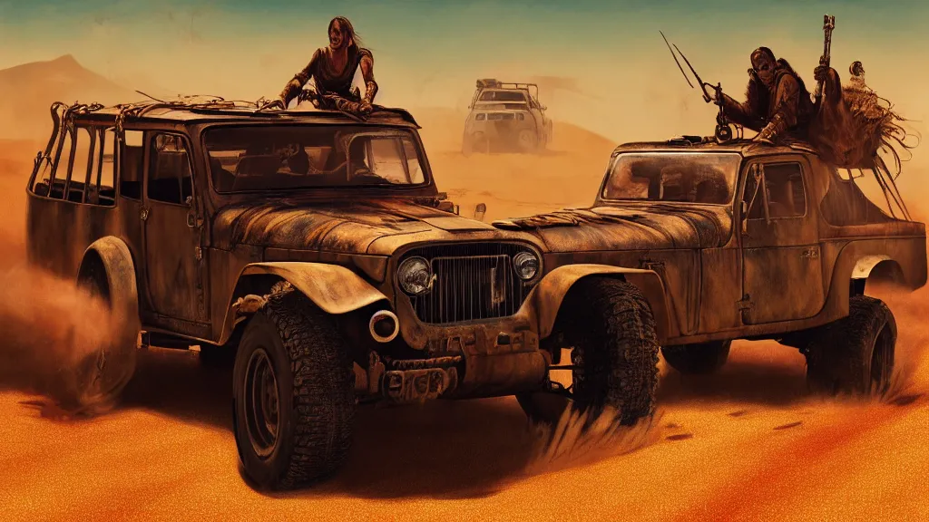 Image similar to digital illustration of mad max's fj 4 0 pursuit special riding fury road eternal shiny and chrome, world of fire and blood, the last v 8 interceptor driving down to the gates of valhalla highway, by makoto shinkai, ilya kuvshinov, lois van baarle, rossdraws, basquiat, global illumination ray tracing hdr