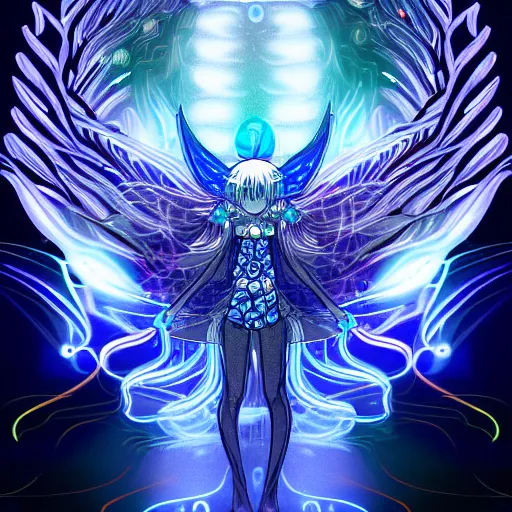 Image similar to a symmetrical portrait of a mystical creature with glowing energies and particals, metal scales, surrounded by spirits, gloomy cinematic lighting, highly detailed, anime style manga