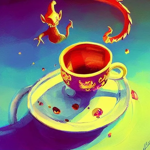 Prompt: tiny jeweled dragon sitting in a teacup, painting by alena aenami