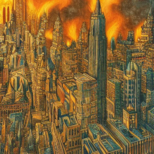 Prompt: a city on fire, tall buildings, extreme detail, abstract realism, highly ornate intricate details, 1 9 2 0's colored pencil, 4 k, cinematic lighting,