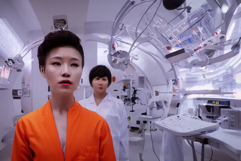 Prompt: an 8 k photograph depicting haruka abe wearing an orange prison jumpsuit standing in a futuristic medical laboratory. tubes and wires are attached to her head, a holographic representation of a human brain floats in the air.. futuristic medical equipment surrounds haruka abe. cinematic lighting, soft focus, panavision camera, sci fi, futuristic,