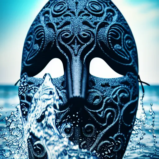 Image similar to an elaborate intricate mask made of water splashing into the waves, rendered in octane, behance hd, bokeh backdrop