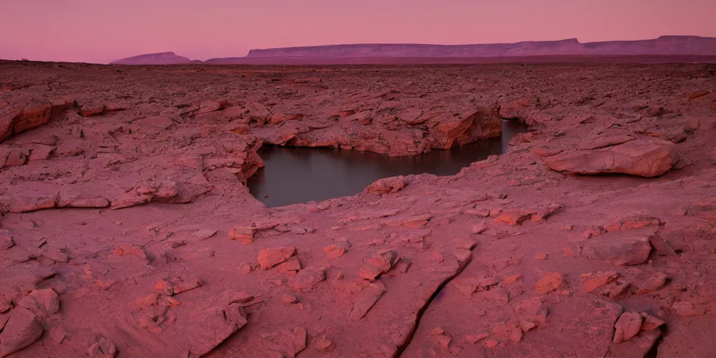 Image similar to a view looking out of a cave of a dried up river bend running through a canyon surrounded by desert mountains at sunset on mars, purple sky, two moons, planet mars, moab, utah, a tilt shift photo by frederic church, trending on unsplash, hudson river school, photo taken with provia, national geographic photo