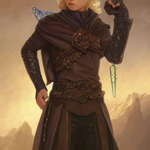 Image similar to an epic fantasy comic book style portrait painting of a young blonde boy wearing plain thief clothes, d & d, fantasy, intricate, elegant, highly detailed, digital painting, artstation, concept art, matte, sharp focus, illustration, art by artgerm and greg rutkowski and alphonse mucha, wheel of time style
