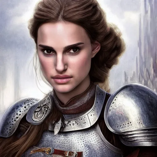 Prompt: head and shoulders portrait of a female knight, young natalie portman, armored, game of thrones, eldritch, by artgerm, alphonse mucha, silken hair, etched breastplate, vogue fashion photo