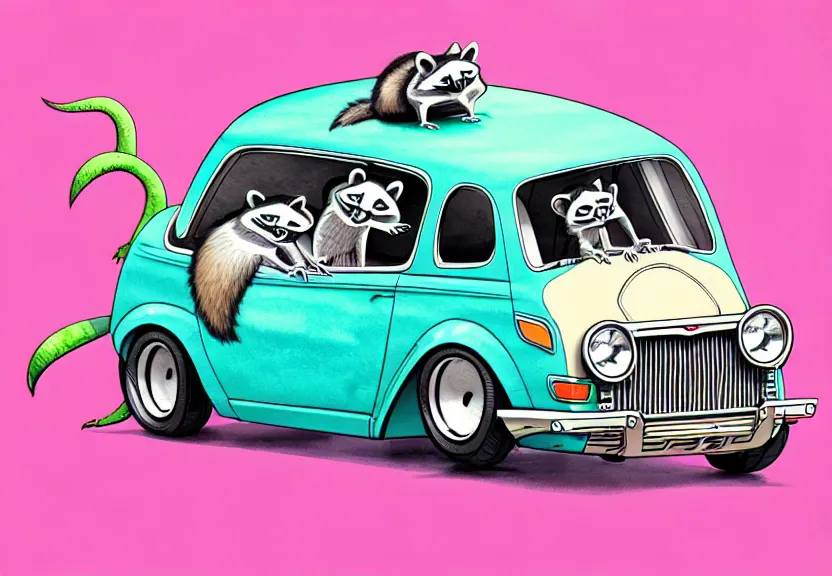 Image similar to cute and funny, racoon riding in a tiny hot rod coupe with oversized engine, ratfink style by ed roth, centered award winning watercolor pen illustration, isometric illustration by chihiro iwasaki, edited by range murata and beeple