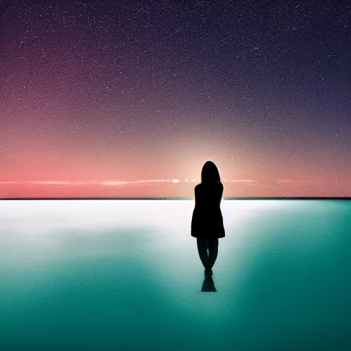 Image similar to beyonce standing on a raised translucent platform in the middle of the sea, night time with milky way in the sky. cinematic, 3 5 mm film, sharpness, nostalgic and melancholic 4 k, 8 k