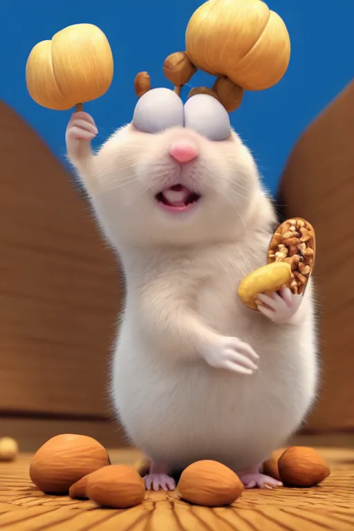 Image similar to funny hamster with cheeks full of nuts trying to push one more peanut into his mouth. pixar disney 4 k 3 d render funny animation movie oscar winning trending on artststion and behance. oscar award winning.