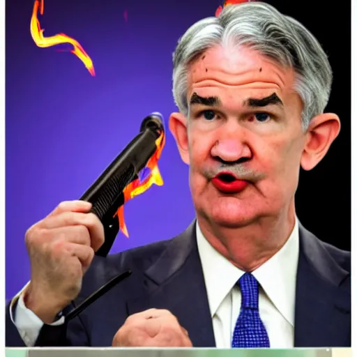 Prompt: photo of Jerome Powell with whiteface clown makeup using a flamethrower projecting a long flame