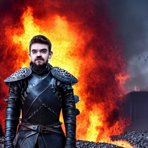 Prompt: jacksepticeye wearing medieval irish armor, looking somewhere in the distance, flames surrounding him, game of thrones cover art, 8k, studio light