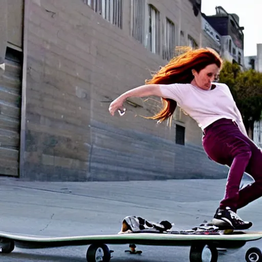 Image similar to tori amos pulls an amazing kick flip on her skateboard in san francisco, stunning sports photography