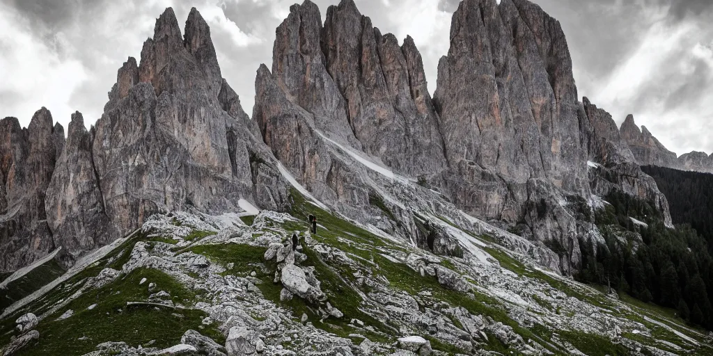 Prompt: desperate, trapped by ancient alpine beings, screaming, lost in the woods, in the dolomites, transforming into something old