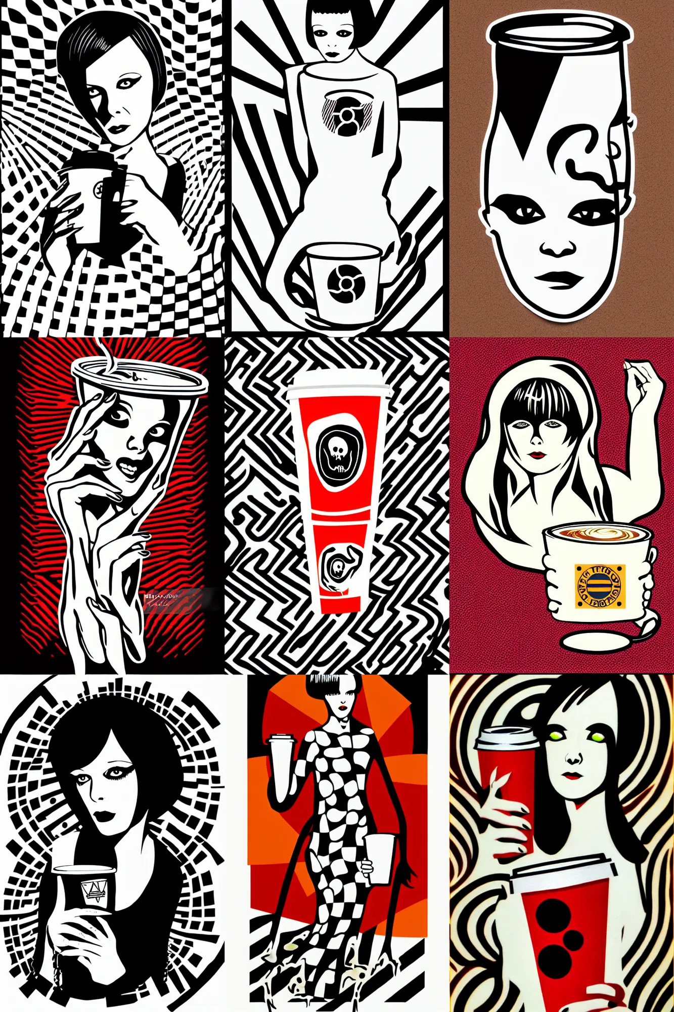 Prompt: patch logo design, vector, mary louise brooks as a zombie holding coffee cup, ross tan, op art