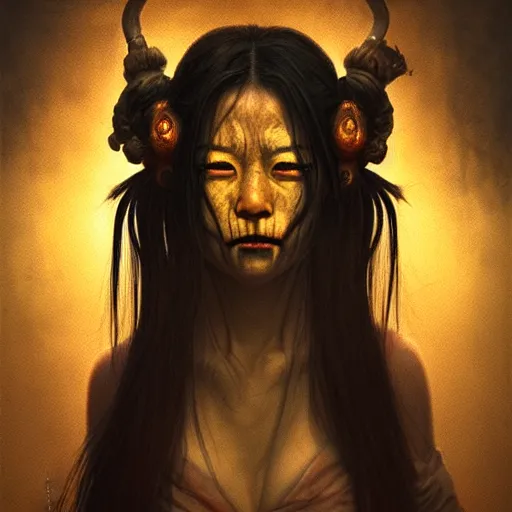 Image similar to horrifying creepy futakuchi - onna portrait, atmospheric lighting, painted, menacing, intricate, volumetric lighting, beautiful, rich deep colours masterpiece, golden hour, sharp focus, ultra detailed, by leesha hannigan, ross tran, thierry doizon, kai carpenter, ignacio fernandez rios