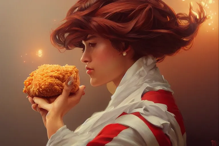 Image similar to kfc chicken, portrait, elegant, intricate, digital painting, artstation, concept art, smooth, sharp focus, illustration, art by artgerm and greg rutkowski and alphonse mucha