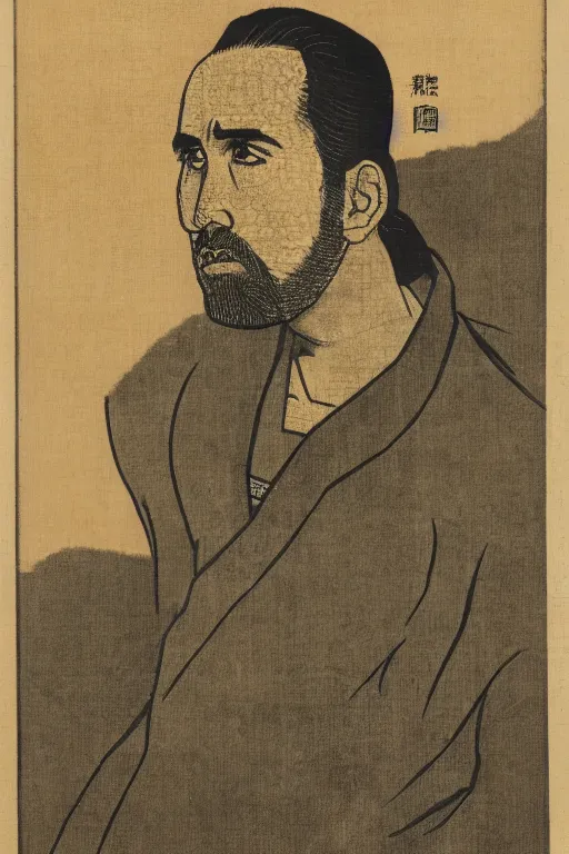 Image similar to Portrait of Nicholas Cage, Japanese woodblock print