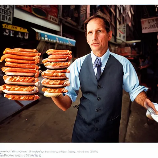 Image similar to closeup portrait of a shady snake oil salesman selling hotdogs in dimly lit new york back street, by Annie Leibovitz and Steve McCurry, natural light, detailed face, CANON Eos C300, ƒ1.8, 35mm, 8K, medium-format print
