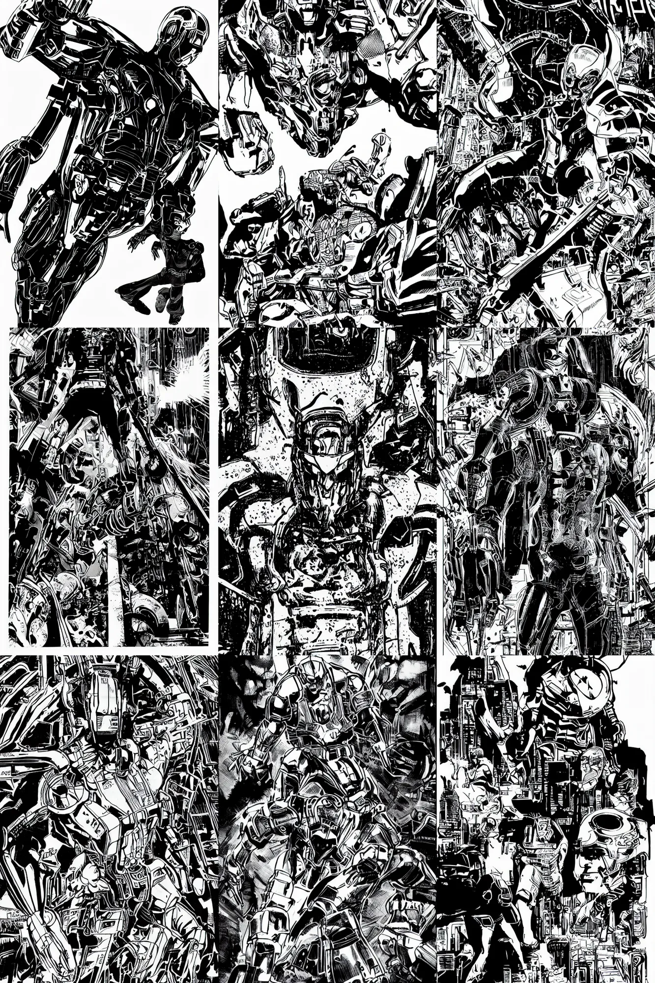 Image similar to ultron, a page from cyberpunk 2 0 2 0, style of paolo parente, style of mike jackson, 1 9 9 0 s comic book style, white background, ink drawing, black and white