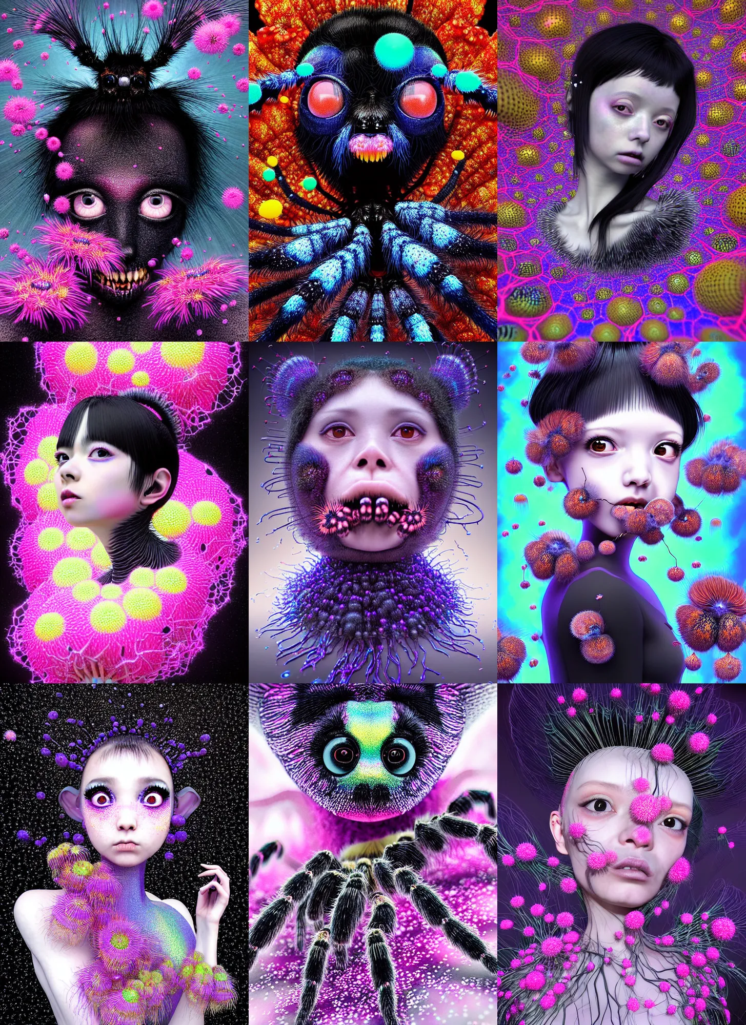 Prompt: hyper detailed 3d render like a Oil painting - kawaii portrait Aurora (a black haired tarantula headed flapper-girl from the future) seen Eating of the Strangling network of (charcoal and ben day dots) and milky Fruit and Her delicate pedipalps hold of gossamer polyp blossoms bring iridescent fungal flowers whose spores black the foolish stars by Jacek Yerka, Ilya Kuvshinov, Glenn Barr, Mariusz Lewandowski, Houdini algorithmic generative render, Abstract brush strokes, Masterpiece, Edward Hopper and James Gilleard, Zdzislaw Beksinski, Mark Ryden, Wolfgang Lettl, hints of Yayoi Kasuma, octane render, 8k