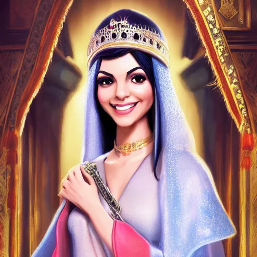 Image similar to a portrait of victoria justice as an arabian princess in a disney movie, crown!! oil painting, pale colors, high detail, 8 k, wide angle, trending on artstation,