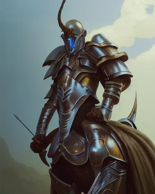 Image similar to highly detailed vfx portrait of a fantasy knight, stephen bliss, unreal engine, greg rutkowski, loish, rhads, beeple, makoto shinkai and lois van baarle, ilya kuvshinov, rossdraws, tom bagshaw, alphonse mucha, global illumination, detailed and intricate environment