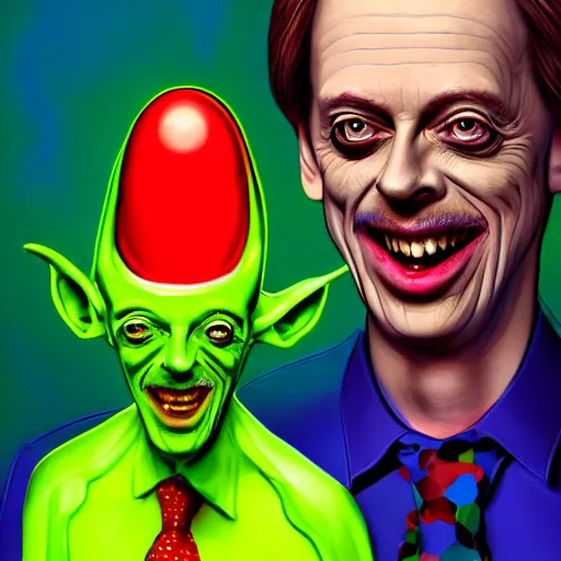 Image similar to steve buscemi as a martian alien, smiling, holding neon mushrooms, highly detailed, 8 k, trending on artstation, award - winning art,