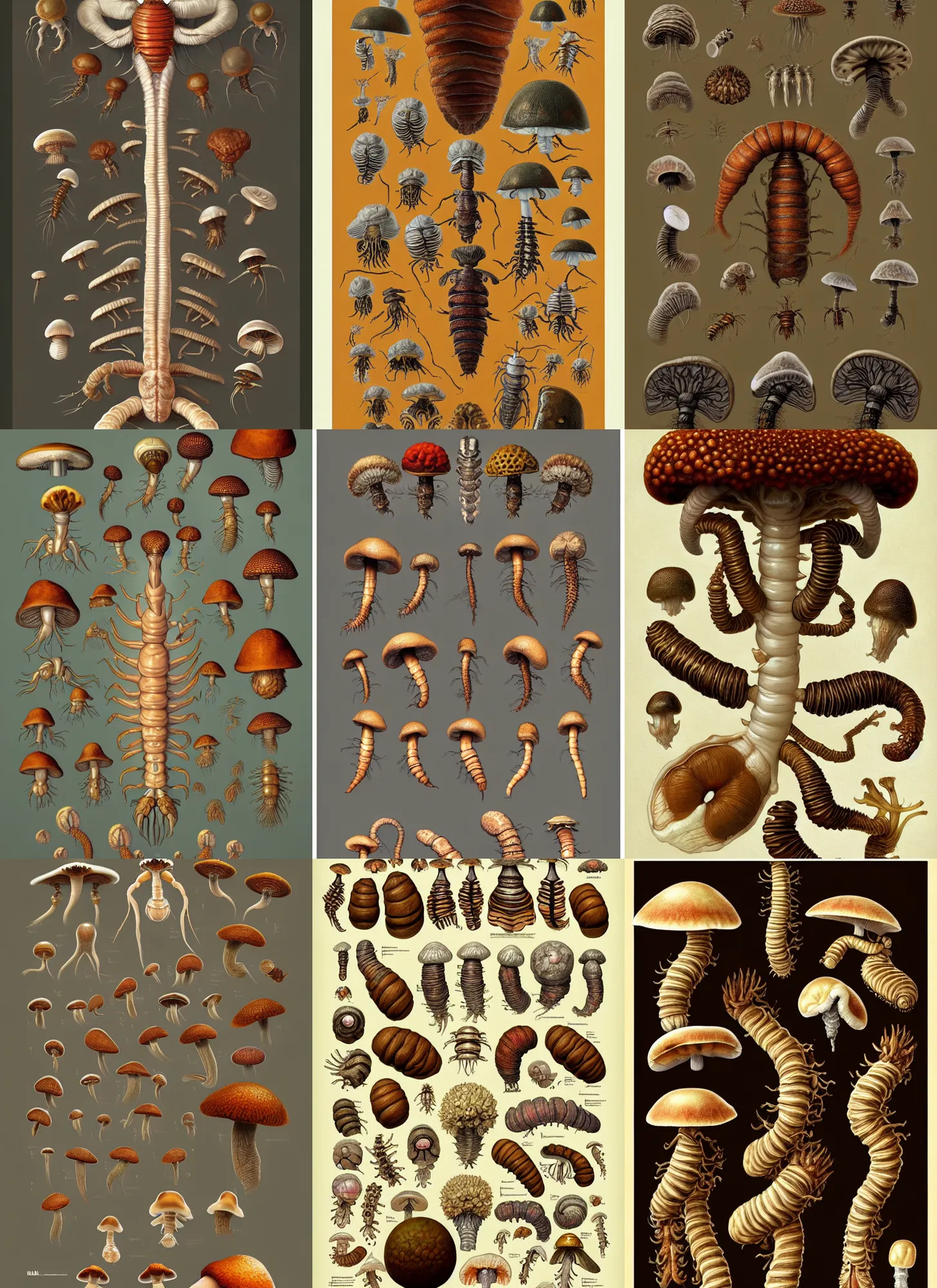 Prompt: fungus worm anatomy sheet on white background, action pose, intricate, highly detailed, digital painting, artstation, concept art, smooth, sharp focus, illustration, art by norman rockwell emiliano ponzi andrey remnev yoann lossel aaron jasinski, 8 k