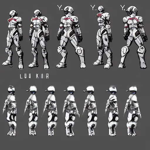 Image similar to character sheet of Ludens from Kojima Productions by Yoji Shinkawa with Artgem and Glenn Fabry, trending on Artstation concept arts