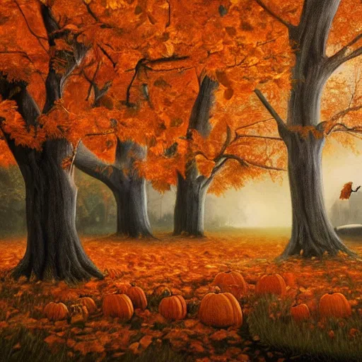 Prompt: 🎃🦉🍂🌳, oil painting, extremely detailed cinematic illustration