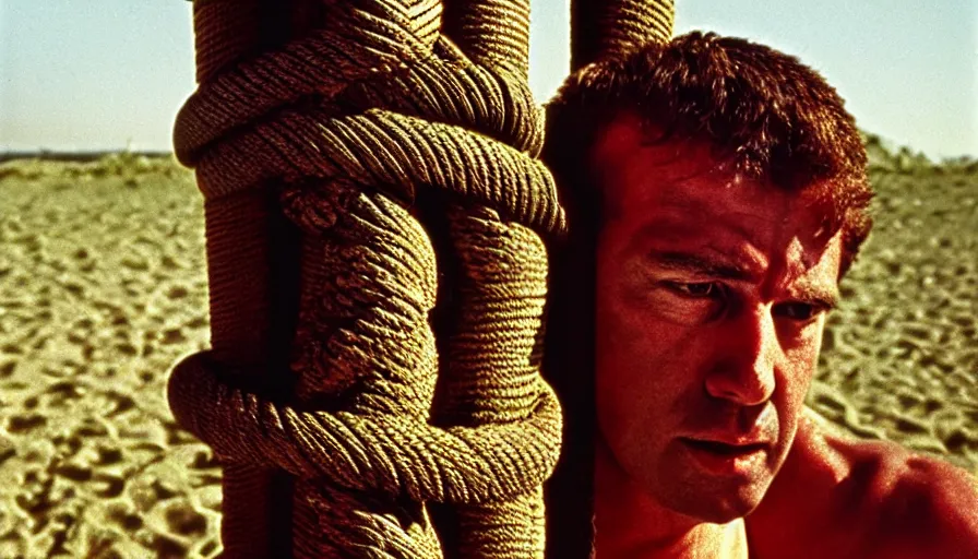 Image similar to 1 9 6 0 s movie still close - up of marcus atilius regulus tied with ropes at a pole with his wide open eyes looking at the burning sun, bleeding, cinestill 8 0 0 t 3 5 mm eastmancolor, high quality, heavy grain, high detail, texture, dramatic light, anamorphic, hyperrealistic, detailed hair