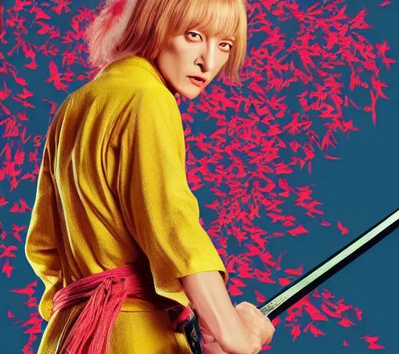 Prompt: breathtaking detailed pattern pastel colors, action scene from kill bill, with uma thurman ( kill bill ) in yellow kimono, swinging katana sword and autumn leaves, fuji, by hsiao - ron cheng, exquisite detail, enhanced eye detail