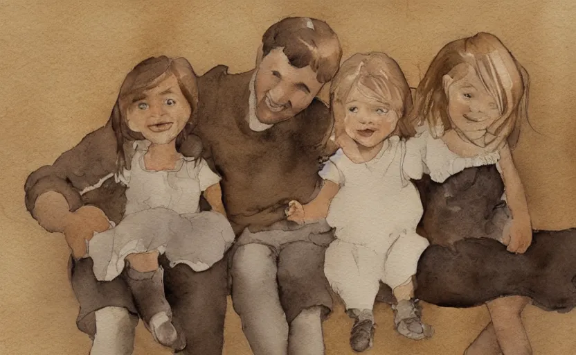Prompt: storybook illustration of family portraits hanging on a wall, watercolor, sepia tints