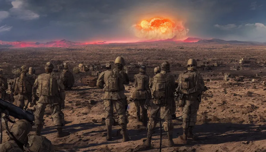 Prompt: troops on sand hill looking at nuclear explosion on las vegas, ruins, nuclear cloud, hyperdetailed, artstation, cgsociety, 8 k