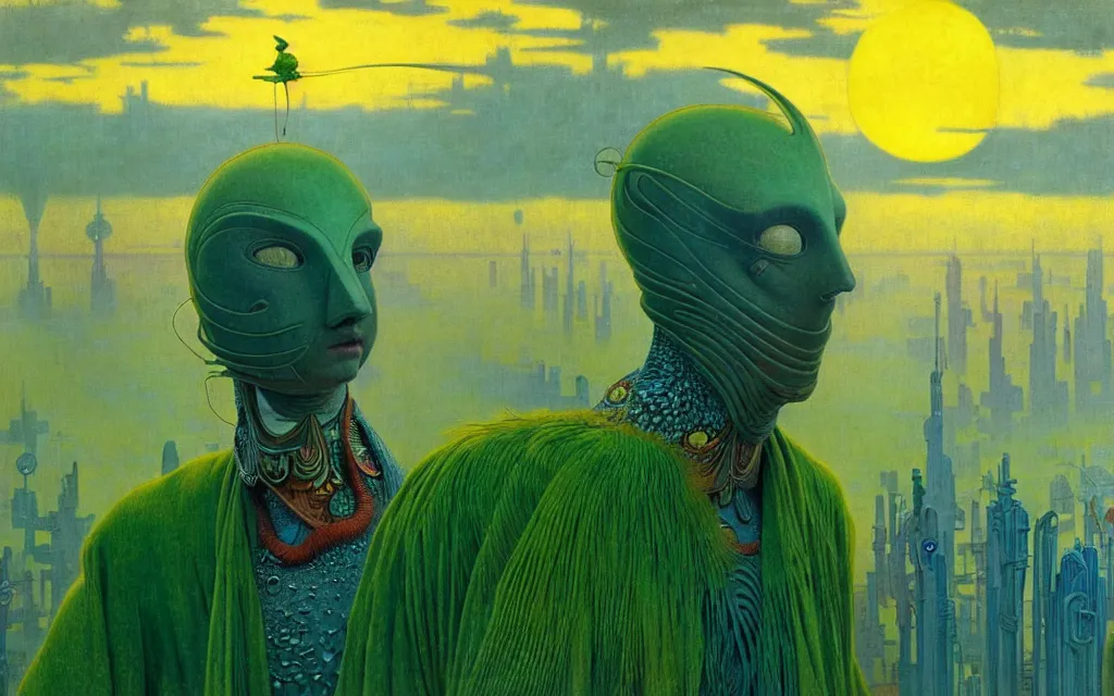 Image similar to realistic detailed portrait movie shot of a birdman wearing green robes, futuristic city sunset landscape background by denis villeneuve, yves tanguy, alphonse mucha, ernst haeckel, max ernst, roger dean, masterpiece, rich moody colours, ethereal, occult, blue eyes