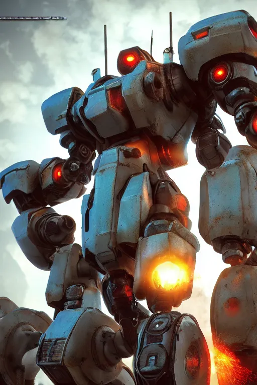 Image similar to mechwarrior 5 : mercenaries mech megaman transformer robot boss tank engine game octane render, 4 k, hd 2 0 2 2 3 d cgi rtx hdr style chrome reflexion glow fanart, global illumination ray tracing hdr fanart arstation by ian pesty by jesper ejsing pixar and disney unreal zbrush central hardmesh