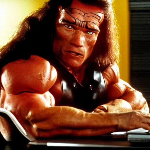 Prompt: arnold schwarzenegger as conan the barbarian sitting at a desk, as an office worker, in an office, inside an office building, sitting at a desk, angrily shouting at a laptop, computer trouble, technical difficulties, software error, crisp lighting, studio lighting