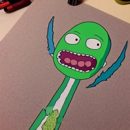 Prompt: photorealistic render of Pickle Rick from Rick and Morty