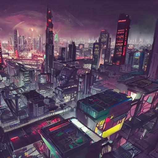 Image similar to elevated view of a grime grungy cyberpunk city of the future at night