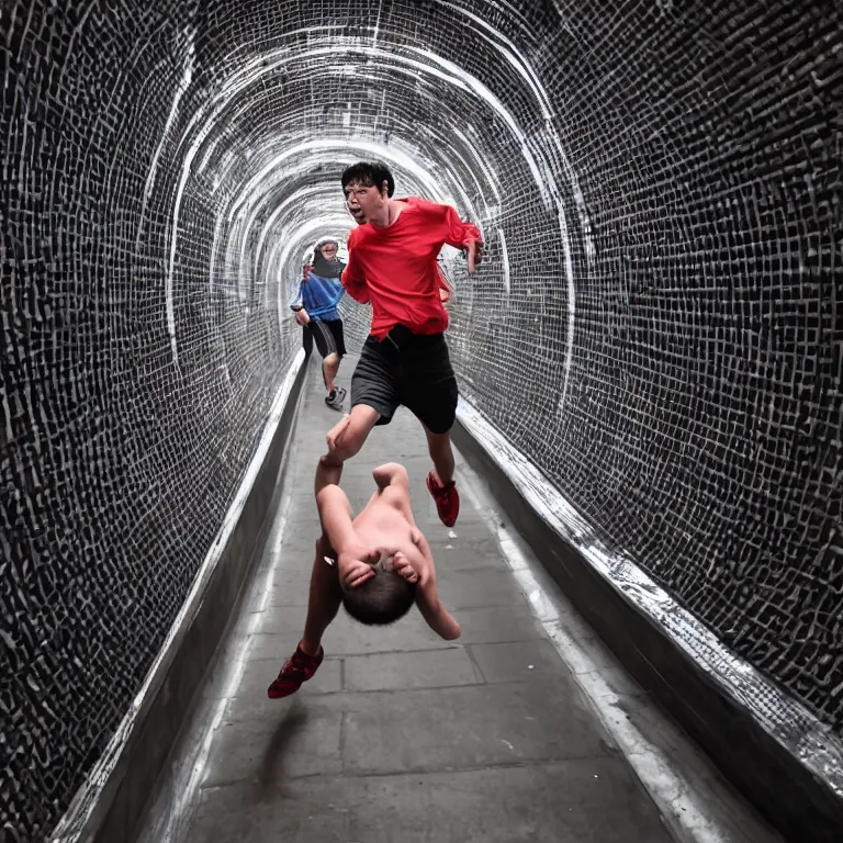 Image similar to terrified young man in a straightjacket running toward you in the Bund Sightseeing Tunnel, Shanghai, China by Alex Grey and Jeffrey Smith