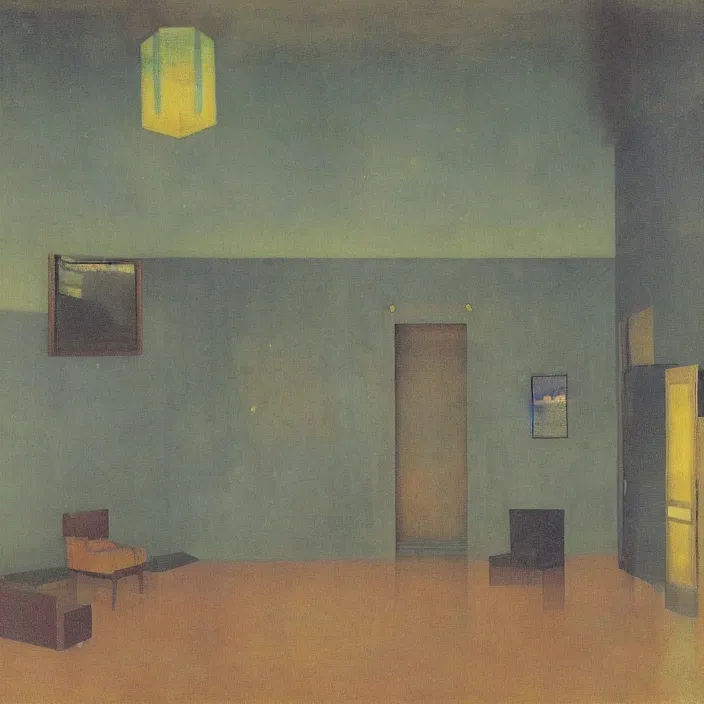 Image similar to interior of a flooded old house full of furniture. aurora borealis. iridescent, psychedelic colors. painting by hammershoi, balthus, mark rothko, yves tanguy, utamaro, monet