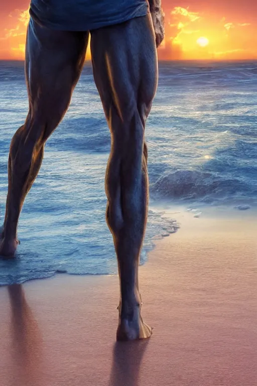 Image similar to a very muscular and defined man wearing ripped pants and shirt looking to the sea at sunset, godrays, complementary colors, natural lighting, portait image, path tracing, serene landscape, high quality, highly detailed, 8K, soft colors, warm colors, turbulent sea, high coherence, anatomically correct, hyperrealistic, concept art, defined face, five fingers