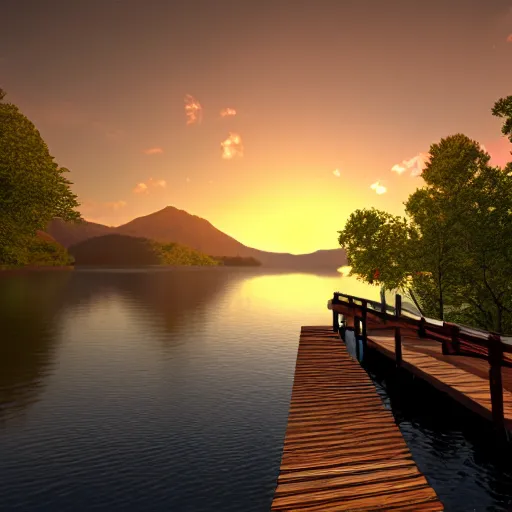 Image similar to nate the great, 3 d model, unreal engine, extreme detail, 4 k, artstation, ultra realistic, painterly, sunset, on a dock by a lake