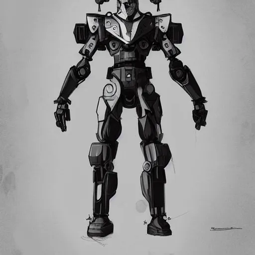 Image similar to Character design police man, Mecha humanoid, cyberpunk bomber jacket, concept art character, very high angle view, book cover, strong masculine features, sturdy body, command presence, royalty, smooth, sharp focus, organic, appealing, deep shadows, sketch line art for character design