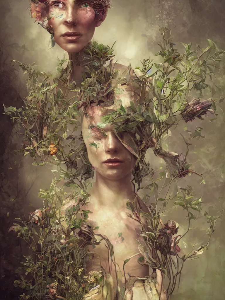 Image similar to a solarpunk portrait of a gorgeous gardener with a dirt-smeared face, award-winning, masterpiece, in the style of Tom Bagshaw, Cedric Peyravernay, Peter Mohrbacher