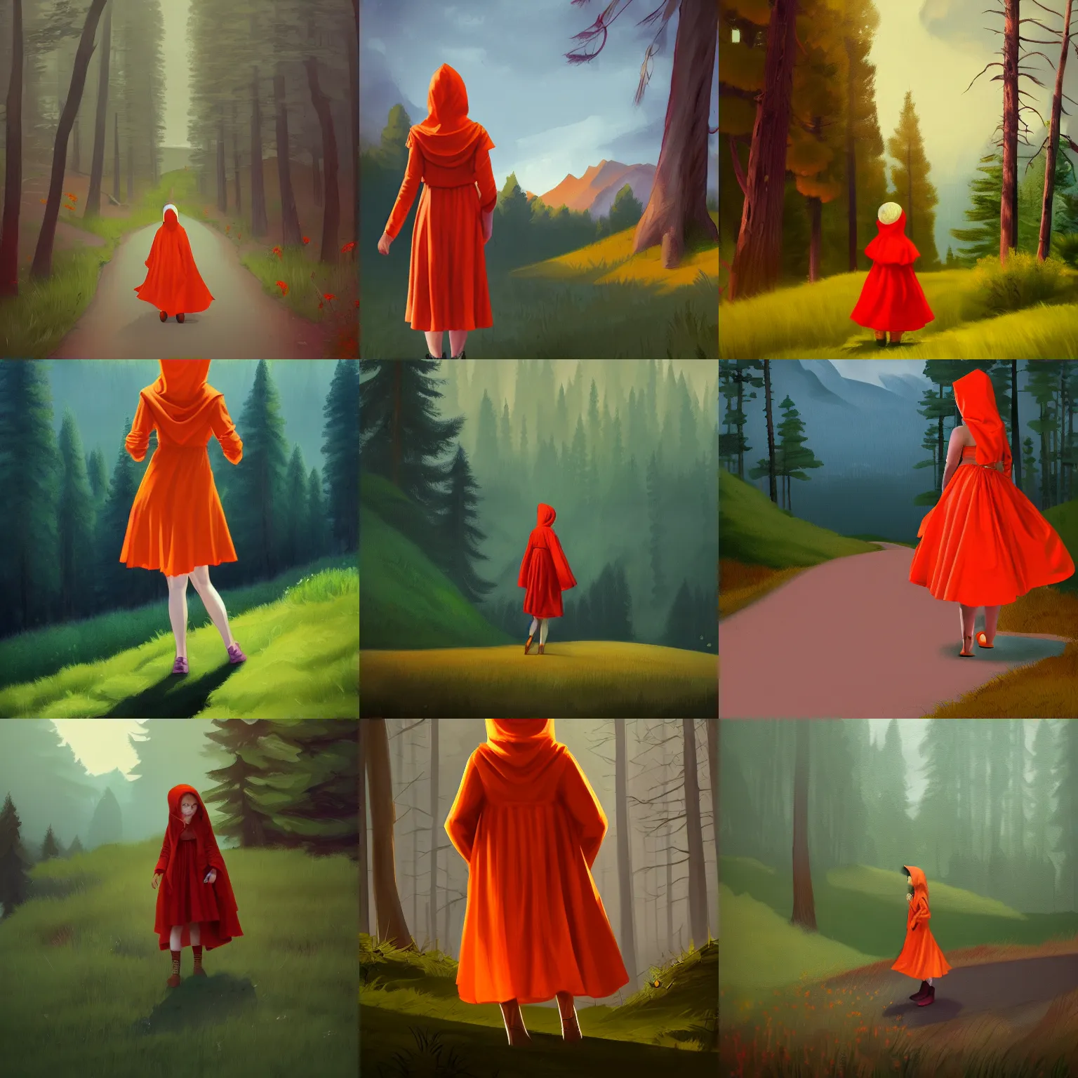 Prompt: Little Orange Riding Hood wear a dress in the valley, dark ambient,cinematic, concept art, illustration, beautiful, 8k resolution, road into the forest with a lake, detailed painting, art style by Edward Hopper daring, incredible, trending on Artstation