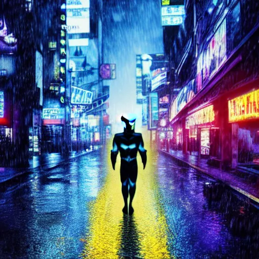 Image similar to highly detailed photorealistic image of batman from dc movies in rain, cyberpunk city street, blue and yellow neon lights, highly detailed reflection, studio quality 8k ultra high definition render, trending on ArtStation, real life quality image